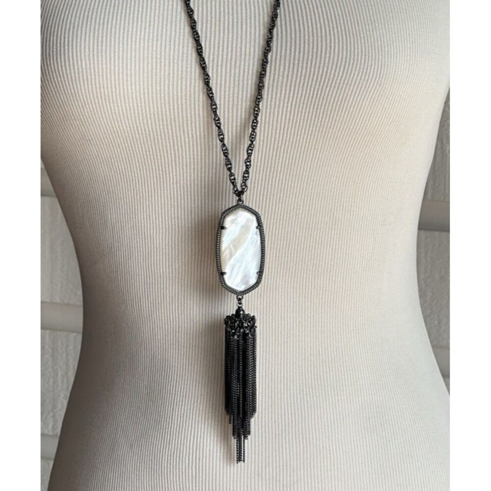 Kendra Scott Rayne Long Pendant Necklace Mother of Pearl Gunmetal Toned